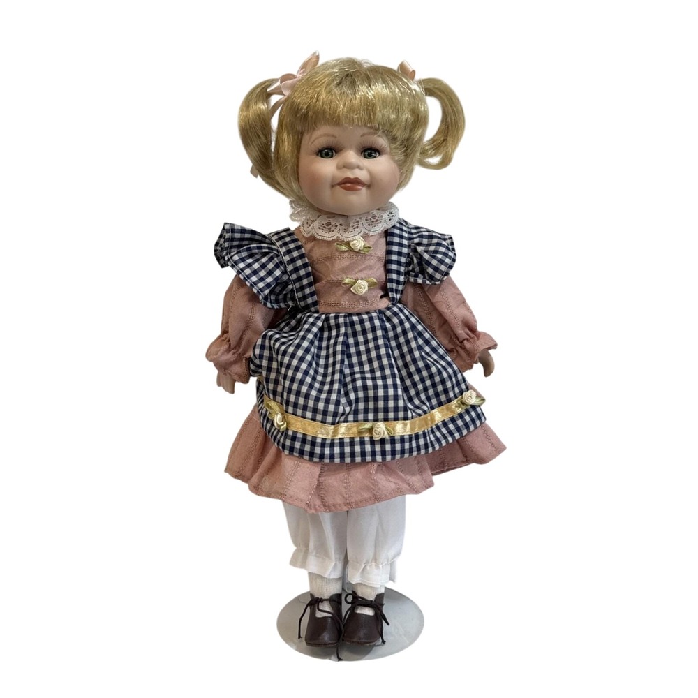 Vintage Porcelain Doll Blue & Rose Checkered Dress Blonde 16" Shoes‎ Toddler